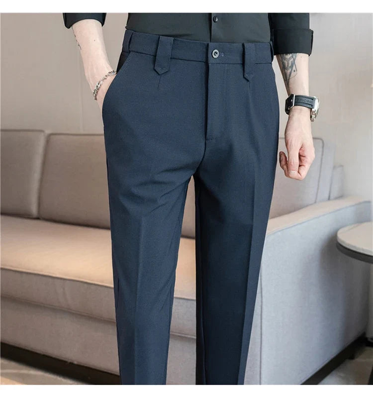 Elastic Waist Solid Color Suit Pants Men Formal Slim Fit Business Casual Trouser High Quality Social Wedding Fashion Dress Pant