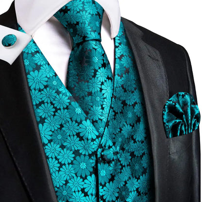 Luxury Gold Black Mens Vests Print Jacquard Waistcoat Tie Hanky Cufflinks Brooch Set for Men Wedding Formal Business Hi-Tie