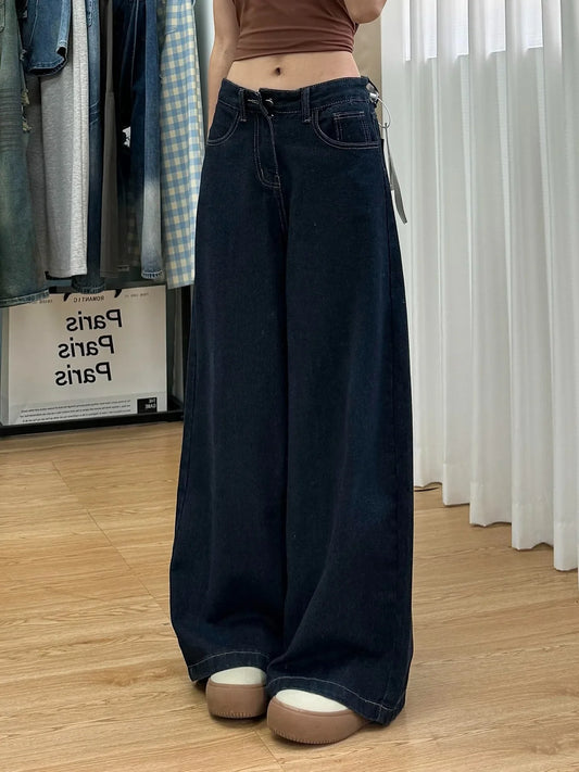 Vintage Navy Blue Wide Leg Jeans Women High Waist Slim Fit Straight Leg Pants Minimalist Draping Floor Length Denim