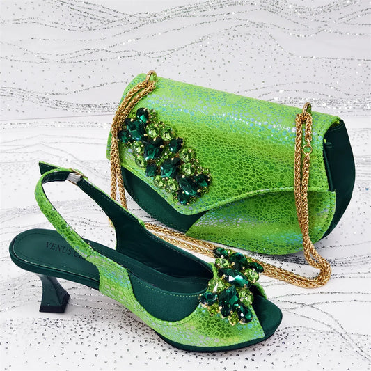 2025 Elegant Green Peep-Toe Women Heel Pumps for Italian Matching Party Shoes and Bags Set for Parties with Diamond Accents