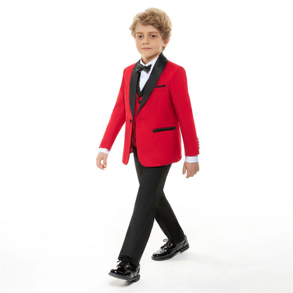 Vibrant Contrast Lapel Boy's Suit Bold Red & Black For Boys 4-Piece Suit Sleek Formal Ring Boys Includes Blazer Vest Pants