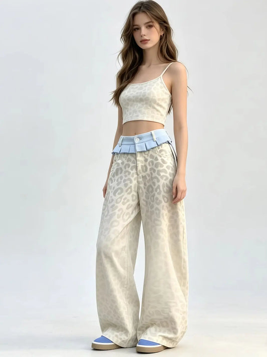 Women's Beige leopard print Y2k Jeans Baggy Aesthetic Denim Trousers Harajuku Streetwear Jean Pants Vintage 2000s Trashy Clothes