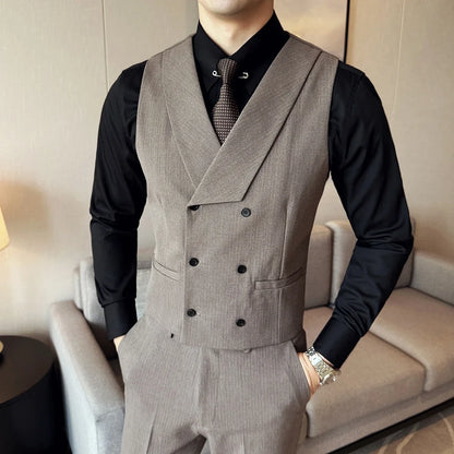 ( Vest + Pants) Double Breasted Stripe Suit Vest With Pants New Men Fashion Slim Business Casual Wedding Dress Vest 2 Pcs Sets