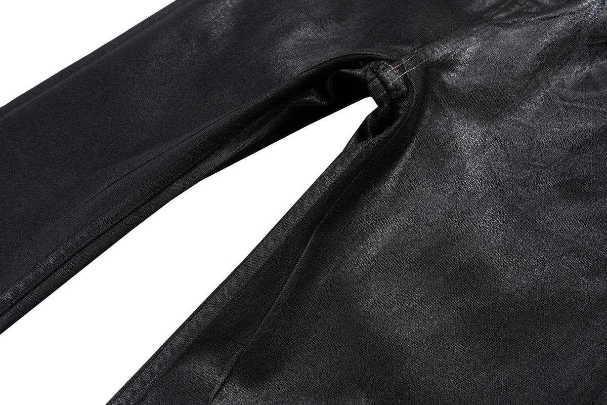 Streetwear Black Wax Leather Strecth Jeans for Men Ropa Hombre Baggy Y2k Flare Pants Oversized Straight Denim Trousers