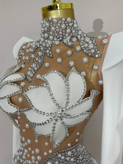 Luxury Sparkly Diamonds Pearl White See Through Mesh Long Dress Women Wedding Evening Party Stage Performance Photoshoot Dress
