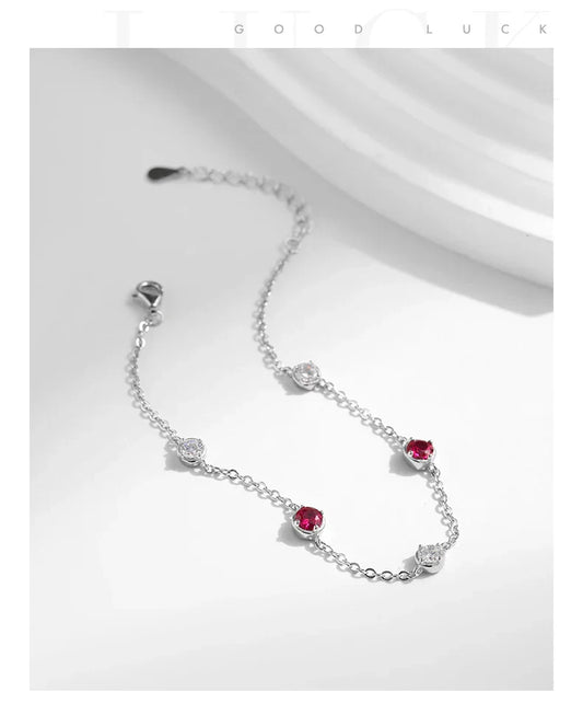 Bracelet en argent sterling 925 avec zircons cubiques ronds rouges scintillants sertis de griffes, réglable, pour femme, idéal pour les fêtes, bijou raffiné, cadeau