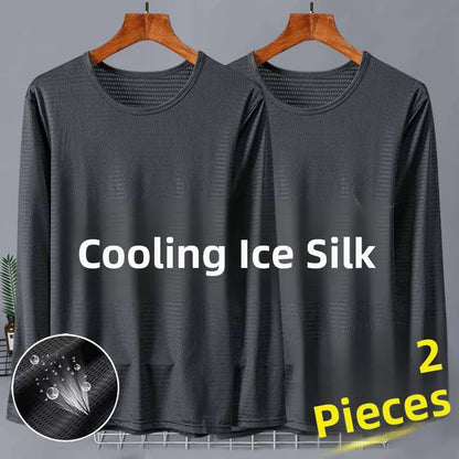 New 2025 Men's Ice Silk Breathable Sun Protection Hollow out Thin Long Sleeve Casual Sports T-Shirt Large Size Loose Fit