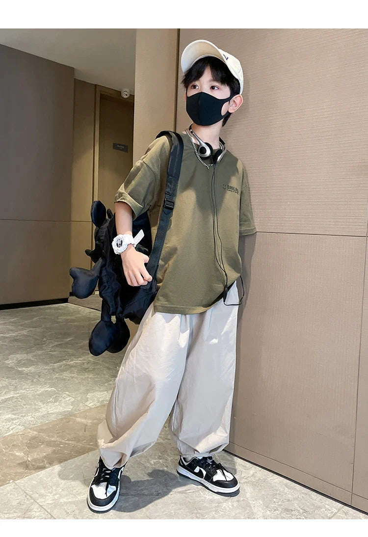 Teens Children's Summer Sets for Boys Clothing Cotton Set 2025 New Fashion Kids Loose Handsome T-shirt+ Lantern Pants Set Outfit