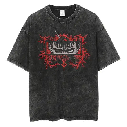 Japanese Anime Berserk Retro Washed T-shirt Men and Women New Summer Harajuku Clothing Casual Round Neck Short Sleeved Top