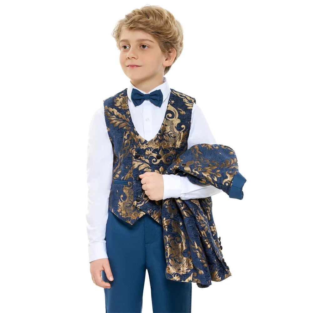 Luxury 4-Piece Set Suit Set for Boys 3-14 Years, Slim Fitting Jacket Vest Pants Bow-tie, Wedding Dresswear for Chidren In Stock