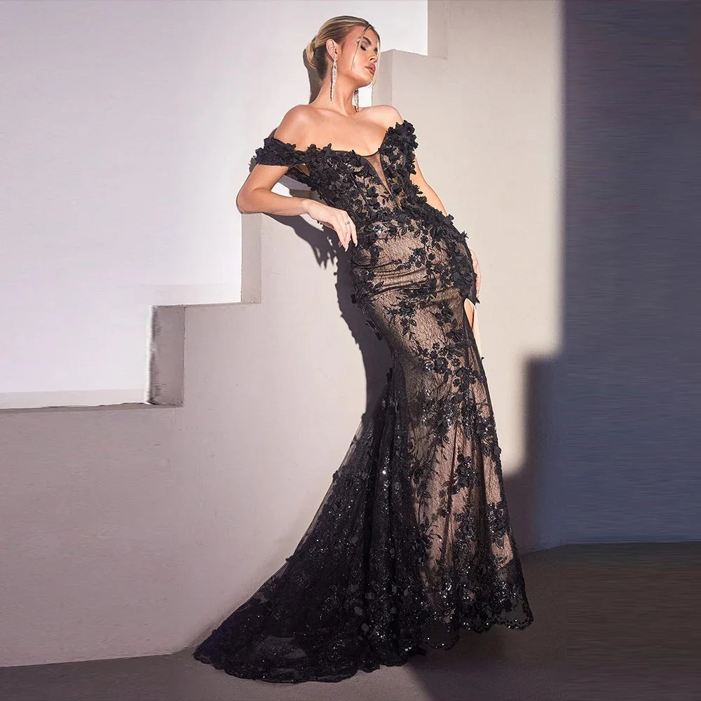 Elegant Lace Evening Dress For Woman Off Shoulder Sweep Train Applique Floor Length Gorgeous Wedding Party Custom Gala Fiesta