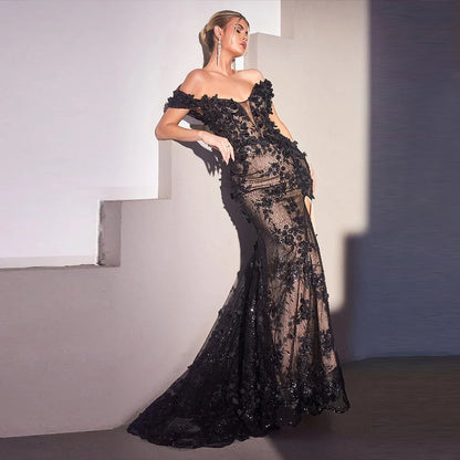 Elegant Lace Evening Dress For Woman Off Shoulder Sweep Train Applique Floor Length Gorgeous Wedding Party Custom Gala Fiesta