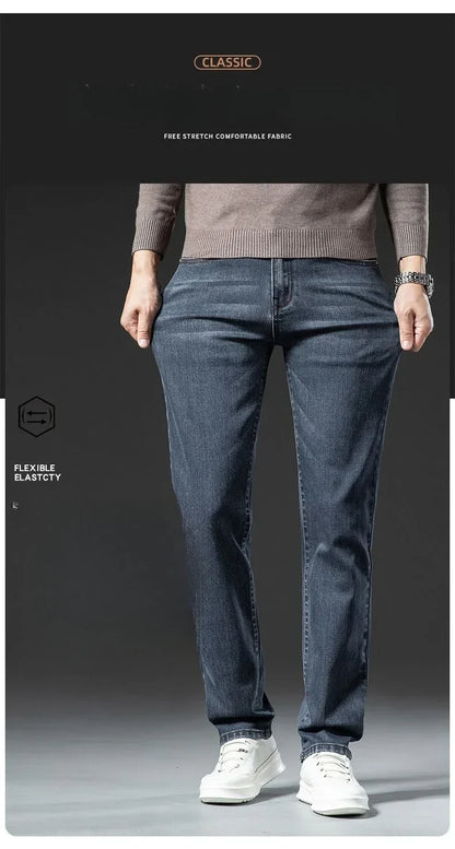 Winter Warm Men's Jeans Fleece Thickened Elastic Smoke Gray Black Business Straight Casual Denim Pants Brand Man PlushClothes