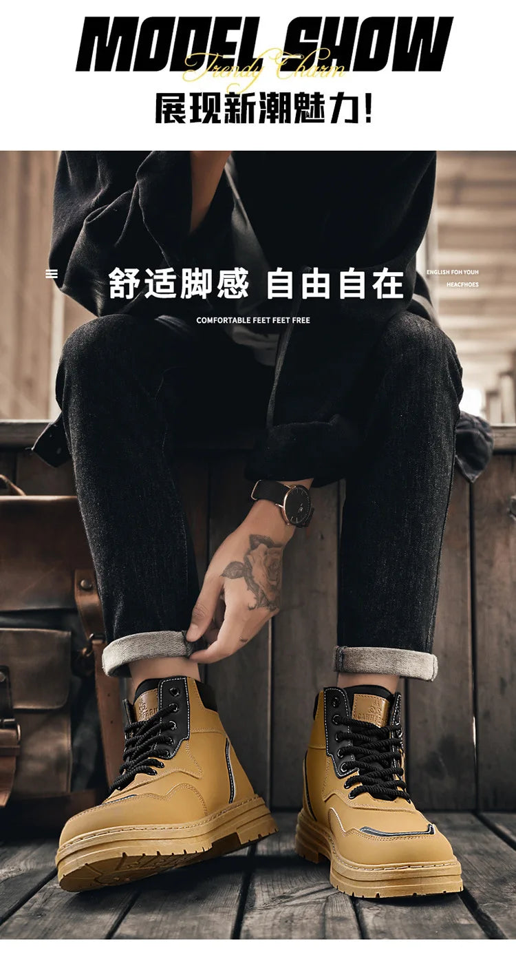 Men Boots  Autumn High Top British Korean Thick Soled Platform Comfortable Non Slip Short Boots Outdoor Lace Up Cotton Boots 202