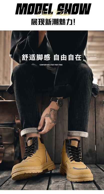 Men Boots  Autumn High Top British Korean Thick Soled Platform Comfortable Non Slip Short Boots Outdoor Lace Up Cotton Boots 202