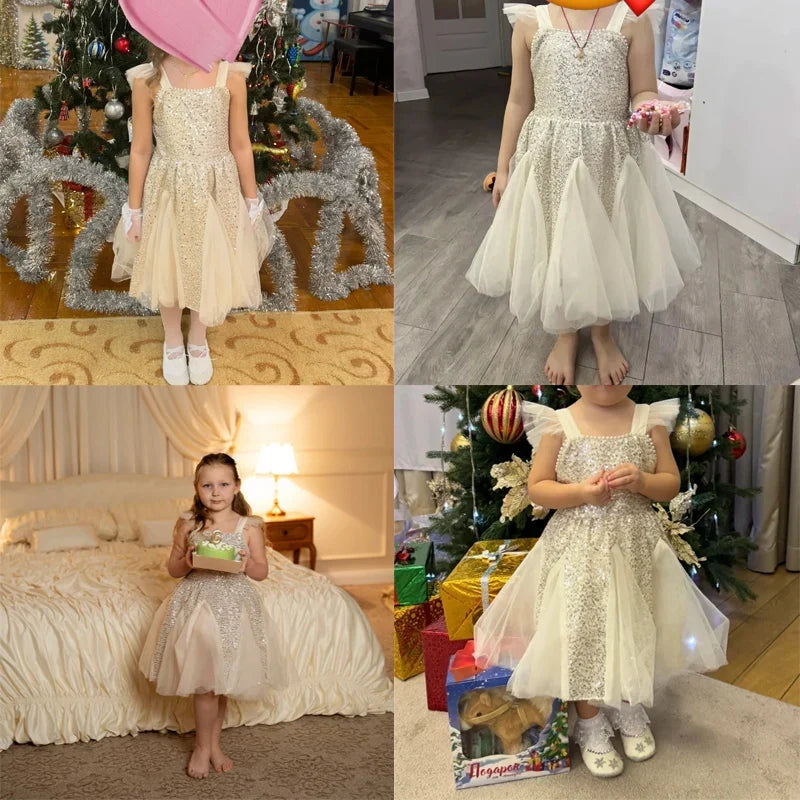 Kids Girl Clothes Sequined Flying Sleeves New Summer Party Dresses For Girls Elegant Mesh Vest Skirt Princess Dress Evening Prom
