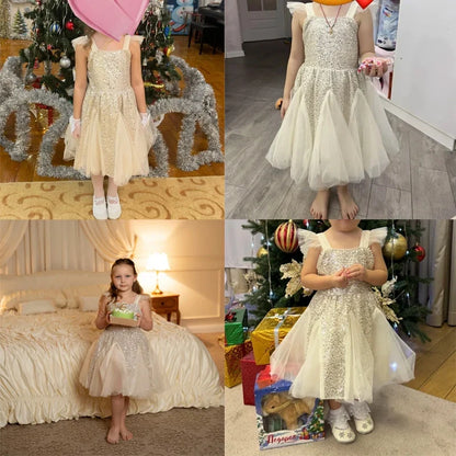 Kids Girl Clothes Sequined Flying Sleeves New Summer Party Dresses For Girls Elegant Mesh Vest Skirt Princess Dress Evening Prom