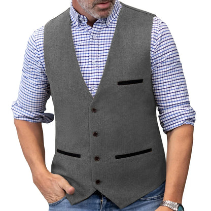Men Vest Brown V Neck Single ButtonTweed Casual Business Waistcoat For Wedding Party Banquet Prom Work Men Suit Vest