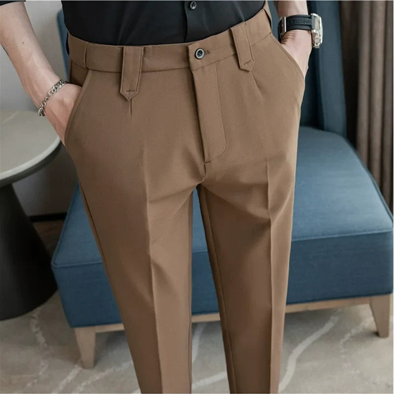 Elastic Waist Solid Color Suit Pants Men Formal Slim Fit Business Casual Trouser High Quality Social Wedding Fashion Dress Pant