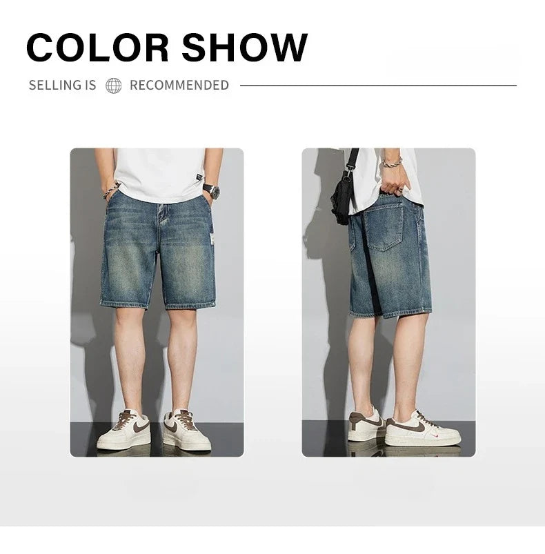 Summer Vintage Denim Shorts Men's Fashion Straight Casual Loose Streetwear Bermuda Jeans Male Short Pants Streetwear