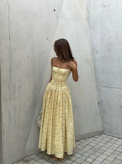 Women Long Floral Print Spaghetti Strap Maxi Dress Summer Elegant Lace Up Dress Flowy Holiday Party Beach Wear Dress