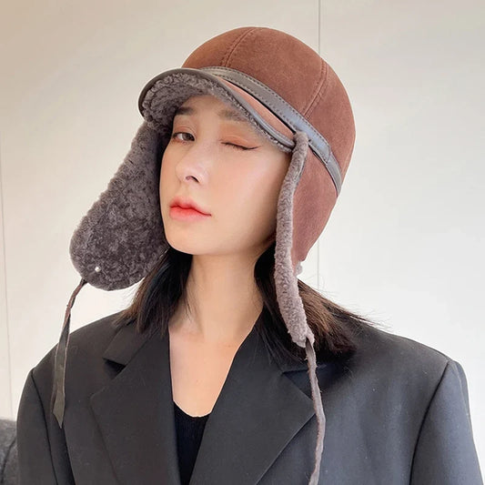 New High Quality 2025 Winter Leather Hat Lady Fur Lambswool Warm Thick Ear Flaps Bomber Hats Women's Baseball Cap Russian caps