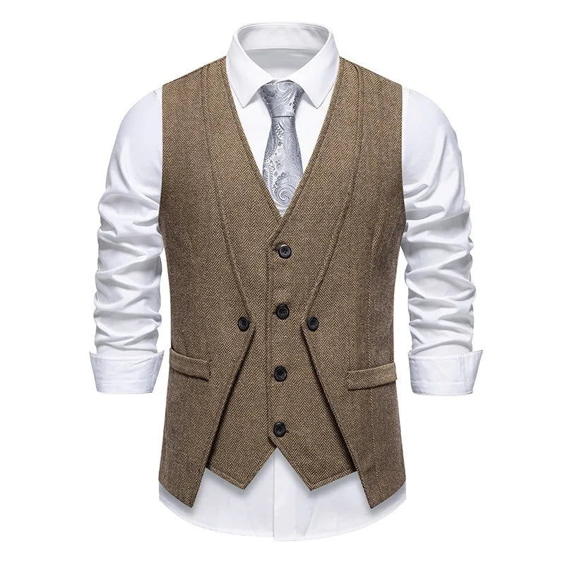Waistcoat Man British Style Turn Down Collar Men Vest Slim Solid Double-breasted Sleeveless Versatile Male Suit Vest