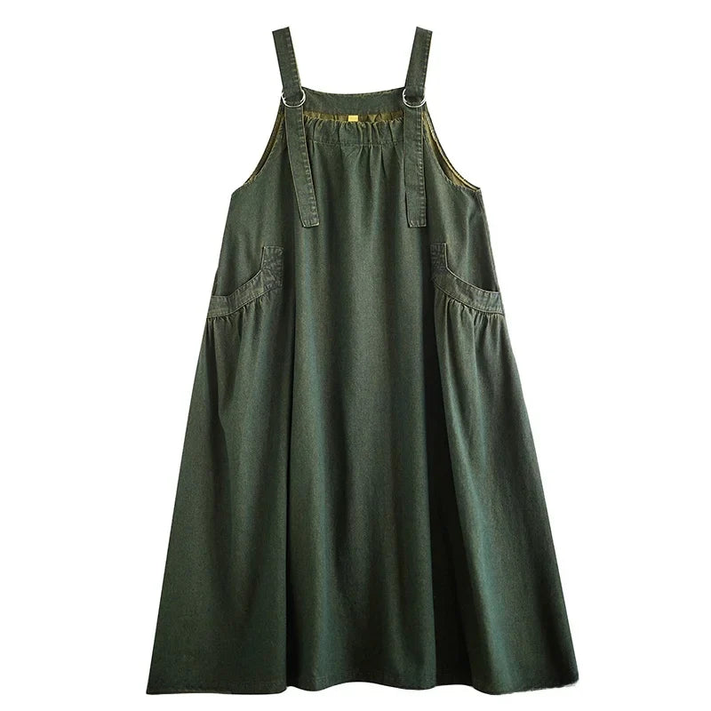 Retro Crtsmanip Loose Fit Slimming Denim Overalls Long Skirt Dr Spring Summer Autumn Winter A-Line Straight Cut Gown