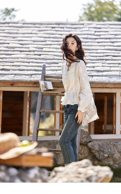 Embroidered Blouse Women 2025 Spring New French Elegant Apricot Lace Premium Drawstring Design V Neck Tops MXE11X1708