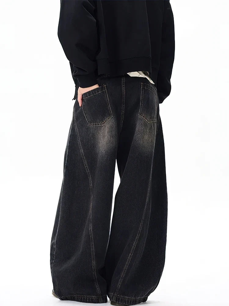 Vintage Black Washed Baggy Jeans Pants Men Wide Leg Curved Blade Pants Streetwear Cowboy Casual Denim Straight Trousers