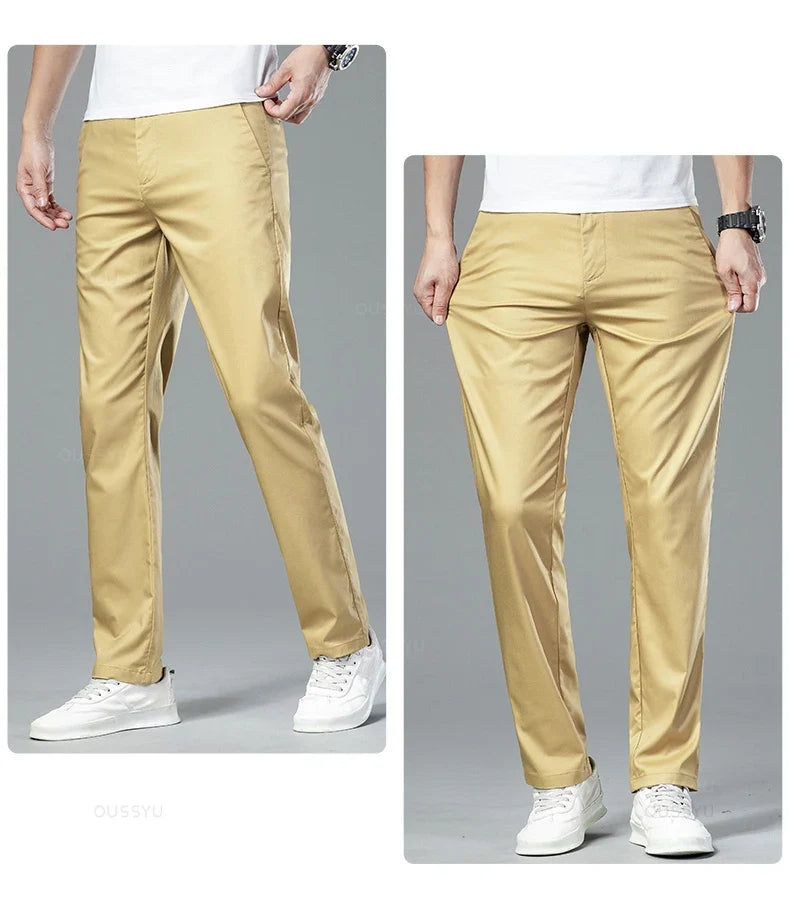 New Summer Cosy Soft Bamboo Fiber Straight Suit Pants Men Business Stretch Thin Navy Blue Casual Trousers Male Large Size 40 42