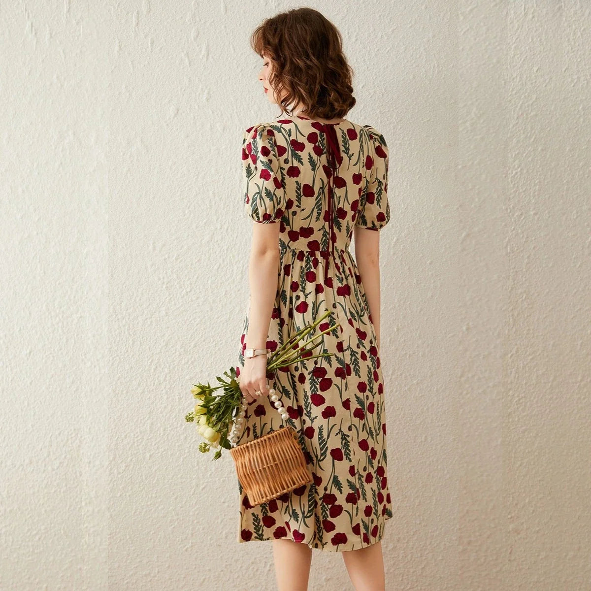 French Floral Print Dress Women 2026 Summer Round Neck Puff Sleeve Fitted Long Dress Casual Streetwear Outfits