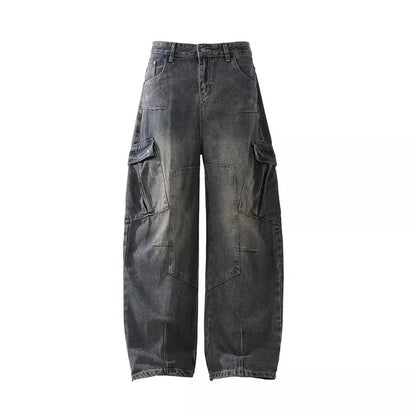 Retro Multi Pocket Curved Knife Jeans Autumn And Winter Vintage Wide Leg Workwear Pants Korean Version High Street Men'S Jeans