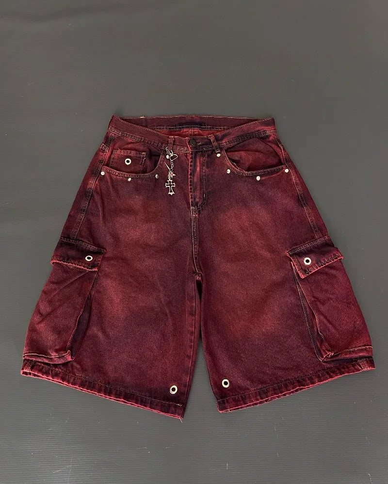Summer American New Fashion Red Tooling Pocket Loose Denim Shorts Ladies Y2K Gothic Hip Hop Popular Casual Joker Wide-leg Shorts