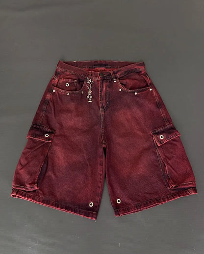 Summer American New Fashion Red Tooling Pocket Loose Denim Shorts Ladies Y2K Gothic Hip Hop Popular Casual Joker Wide-leg Shorts