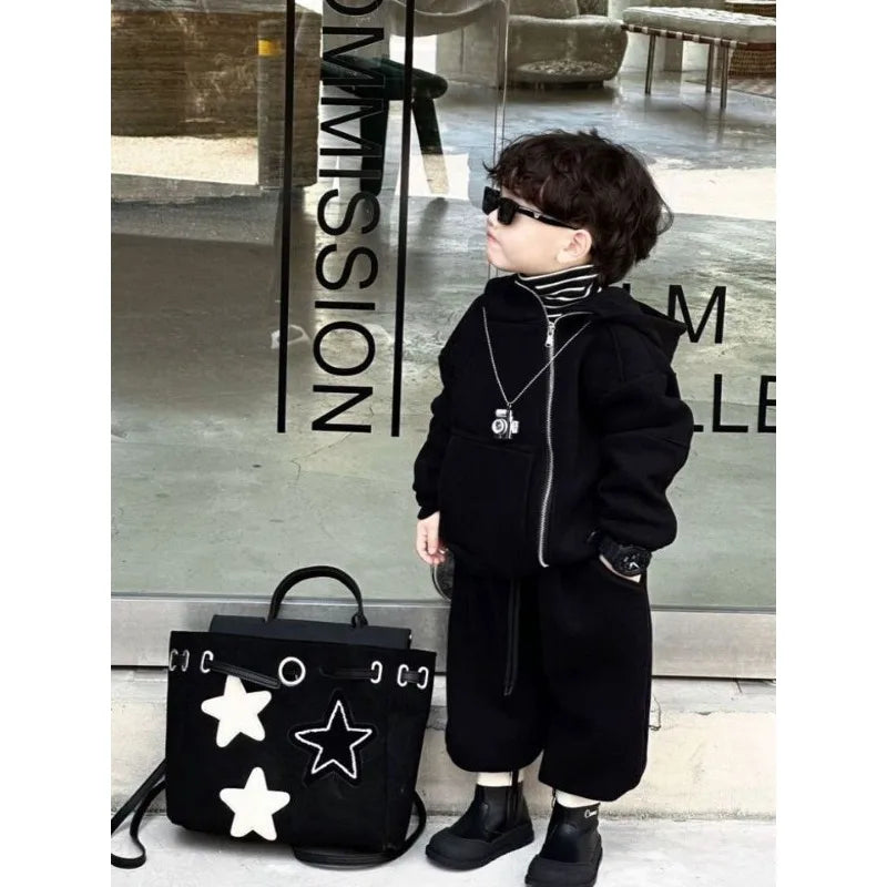 2 Pcs Hooded Set New Kid Clothing 2026 Autumn Winter Korean Boy Fleece Lining Thick Girl Fashion Sports Zipper Cotton Outfits
