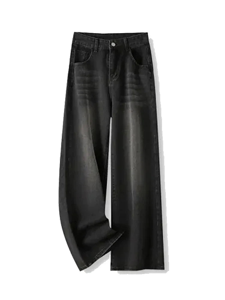 Korean Vintage High Waist Women's Jeans Y2K Slimming Pear-Shaped Loose Straight Bell Bottoms Black Gray Baggy Denim Trousers