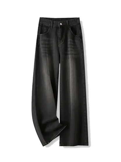 Korean Vintage High Waist Women's Jeans Y2K Slimming Pear-Shaped Loose Straight Bell Bottoms Black Gray Baggy Denim Trousers