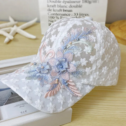 Summer Baseball Cap for Women Embroidered Flowers Mesh Breathable Duck Tongue Hat Sunscreen Sunshade Hat Rebound Cap