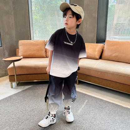 Summer Boys Gradient Contrast Alphabet t-Shirt Tops+Pant Workout Sets School Kids 2PCS Tracksuit Children Jogger Outfits 5-16 Yr