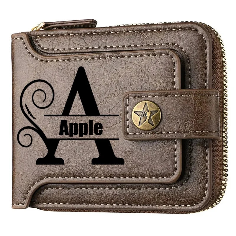 Portefeuille court en cuir PU personnalisé avec chaîne pour homme, portefeuille bifold marron élégant avec nom et texte gravés pour la Saint-Valentin et les anniversaires