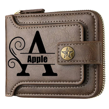 Portefeuille court en cuir PU personnalisé avec chaîne pour homme, portefeuille bifold marron élégant avec nom et texte gravés pour la Saint-Valentin et les anniversaires