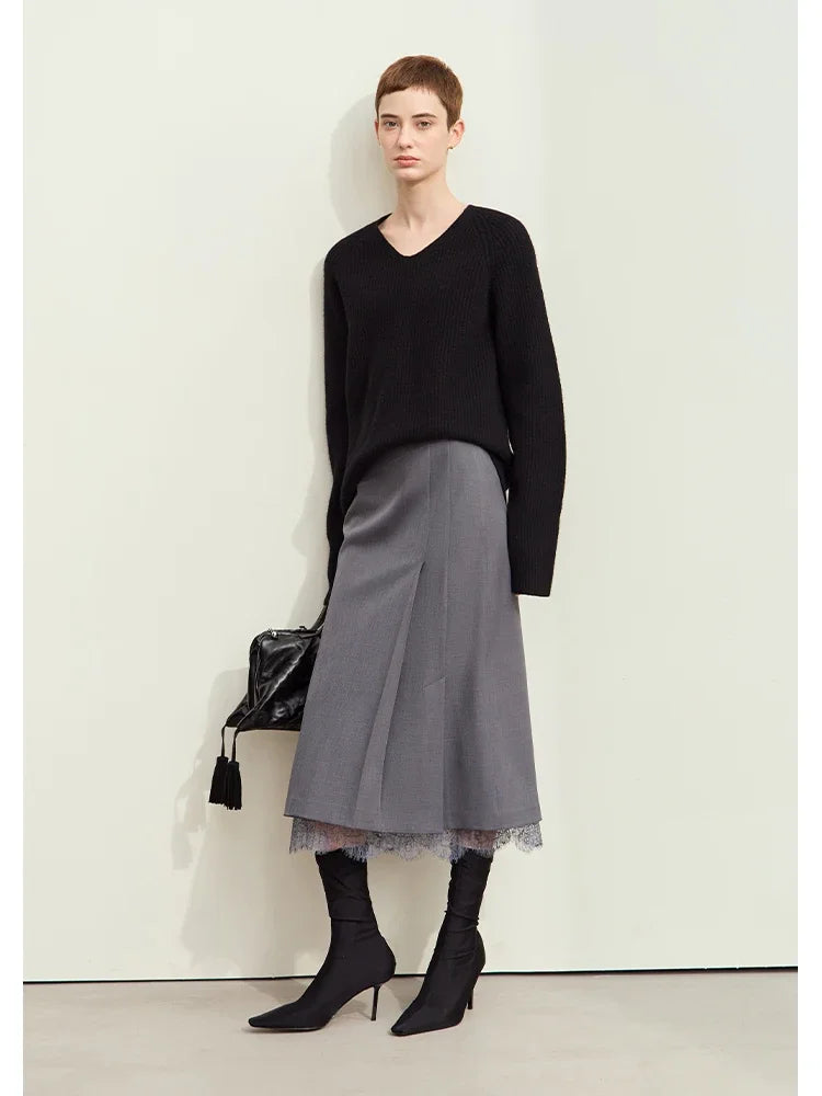 Minimalism Skirts for Woman 2025 Spring New Elegant Patchwork Lace Women's Clothing Retro Lady A-Line Pleated Skirt12443013