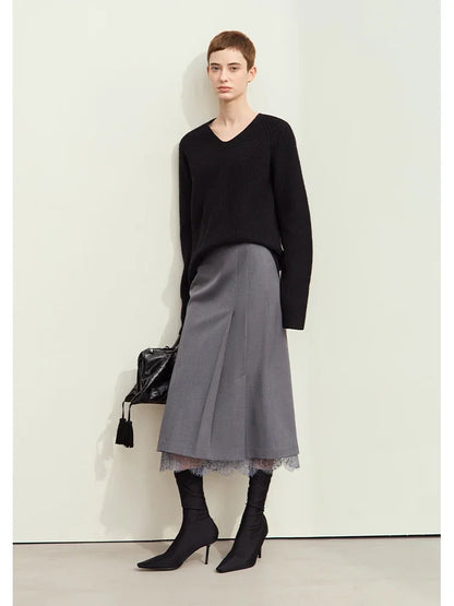Minimalism Skirts for Woman 2025 Spring New Elegant Patchwork Lace Women's Clothing Retro Lady A-Line Pleated Skirt12443013