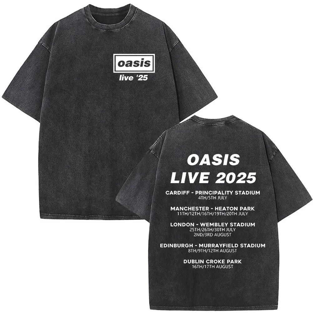 O-Oasis T-Shirts British Rock Band Vintage Washed T-shirt Men Women Clothing Cotton Casual Short Sleeve T Shirts Tops Streetwear