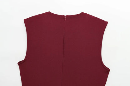Female Summer Elegant Midi Dress O-Neck Hem Slit With Belt Sleeveless Single Breasted Back Zipper Fashion Long Dress