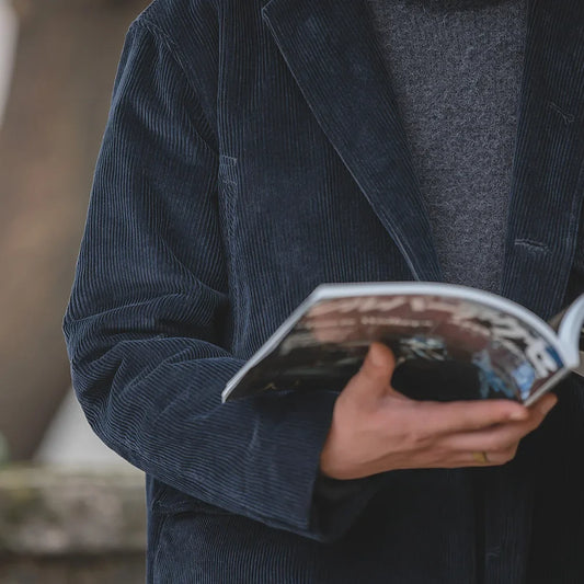 Autumn and Winter Vintage Windbreaker Men's Black Corduroy Coat Mid-length Striped Coat Men Retro Trench Solid Overcoat