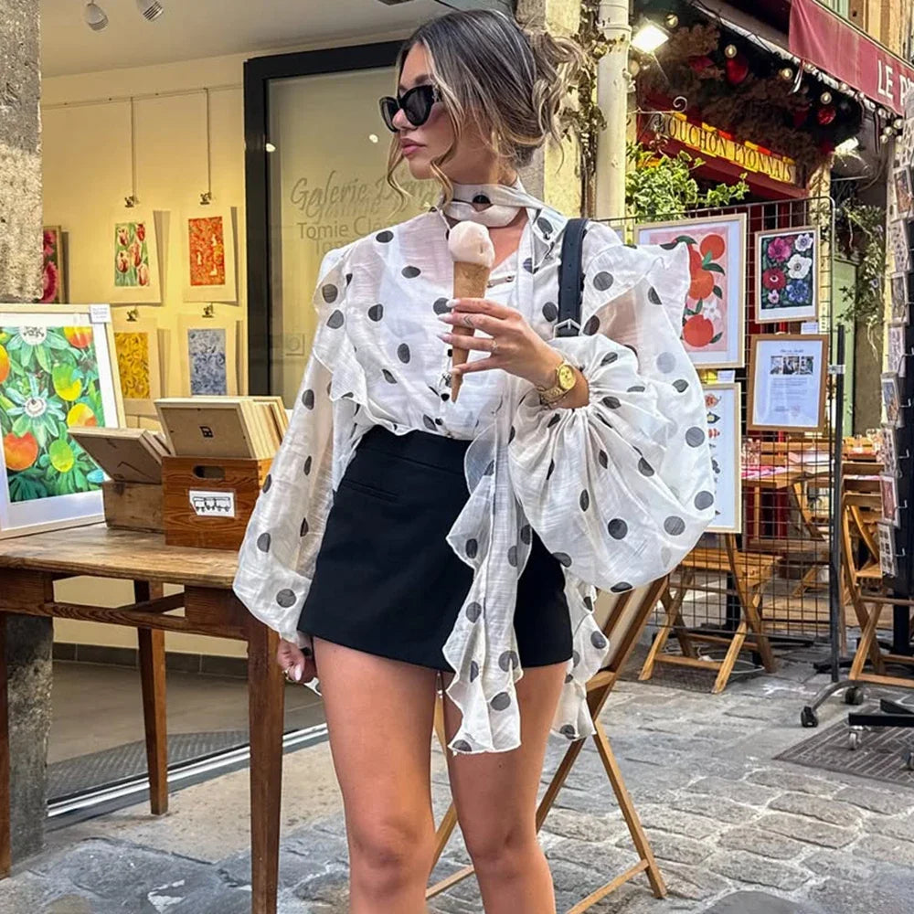 Ticketsx Polka Dot Ruffled Shirts Fashion Contrast Lace Up See Through Button Blouse Top Elegant Party High Street Women Shirt