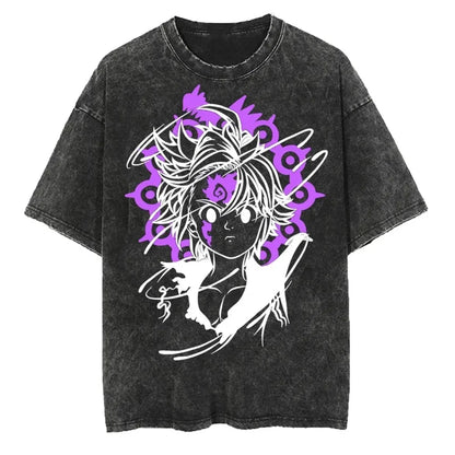 Japanese Anime The Seven Deadly Sins Escanor Graphic Print Vintage Washed T-Shirt, Unisex Retro Loose Harajuku Y2K Cotton Summer