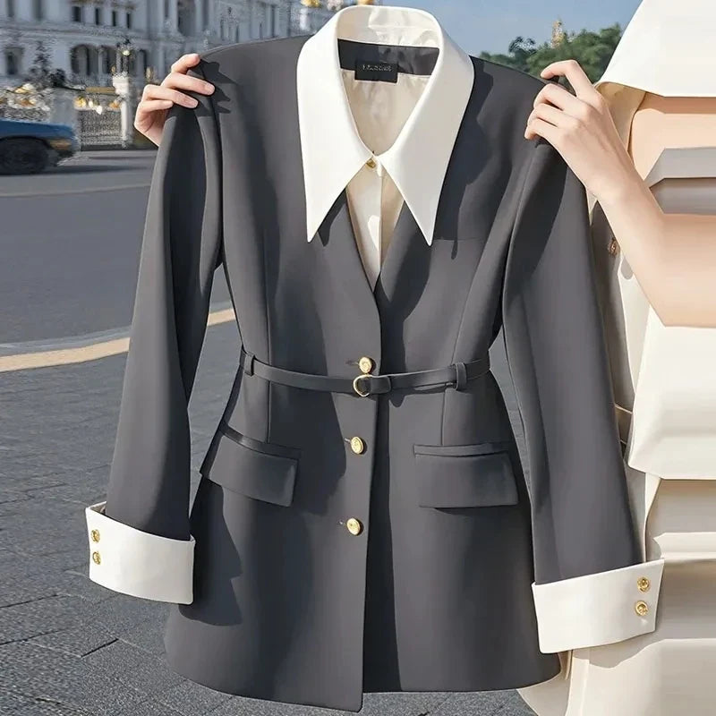 Women's Suit Coat 2025 Spring Autumn Advanced Popular Ladies  Blazer Jacket Casual Fake Two Items Temperament Lady Outerwear
